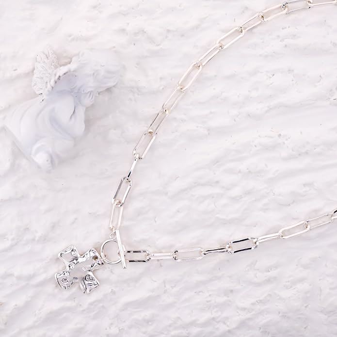 Gold Chunky Cross Necklace for Women - Statement Layered Hammered Cross Pendant Jewelry with Vintage Toggle Clasp, Bold Paperclip Chain Necklace Gift for Her