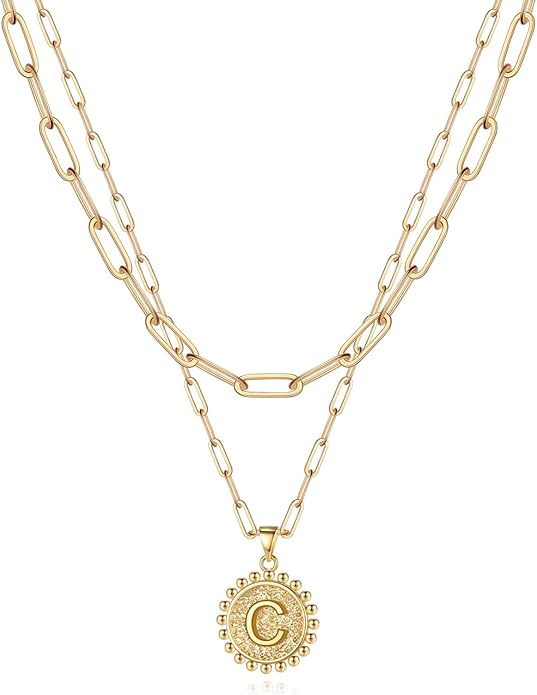 Yoosteel Valentines Gifts for Women Her - Gold Layered Initial Necklaces for Women 14K Gold Plated Dainty Layering Paperclip Link Chain Necklace Coin Initial Necklace Birthday Gifts for Teen Girls