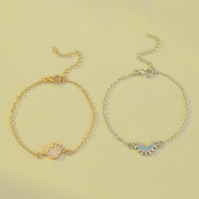 PINK TOWN Sun Moon Bracelet Set Stackable Bracelet for Women Men Sparkling Gold Sun Ring/Blue Moon Bracelet Couple Bracelet Matching Bracelet as Friendship Best Friend Jewelry for Women Men