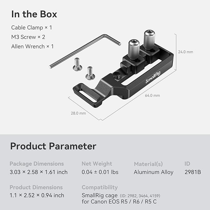 SmallRig Cable Clamp for HDMI and USB-C for Canon R5 / R6 / R5 C Cage 2982/3464 and R6 Mark II Camera Cage 4159-2981