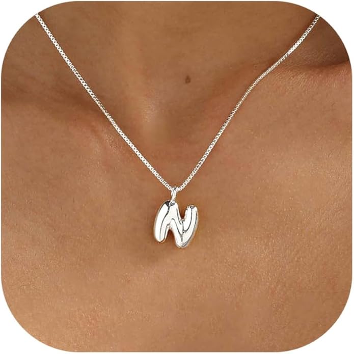 Bubble Gold Silver Letter Necklace Initial Necklaces for Women Trendy 14K Dainty Charm Pendant Name Necklace Personalized Jewelry Gift for Women Teen