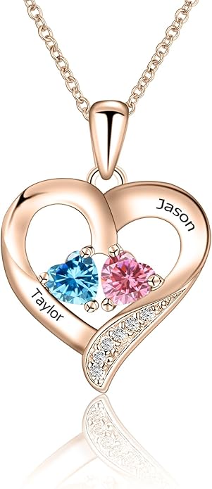 MissNaNa Sterling Silver Personalized 2 Names Heart Necklace with 2 Birthstone Couple I Love You Heart Pendant Necklace Jewelry Gift for Her Wife Girlfriend Mom