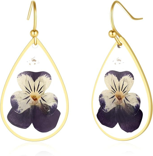 Forget-Me-Not and Queen Anne's Lace Pressed Wildflower Earrings | Pressed Flower Earrings | Handmade Drop and Dangle Earrings | Gift for Woman