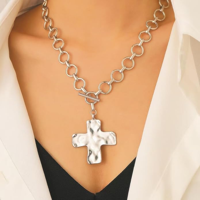 Gold Chunky Cross Pendant Necklace for Women Silver Layered Statement Wide Cross Necklace Golden Vintage Bold Hammered Crosses Charm Necklace Jewelry