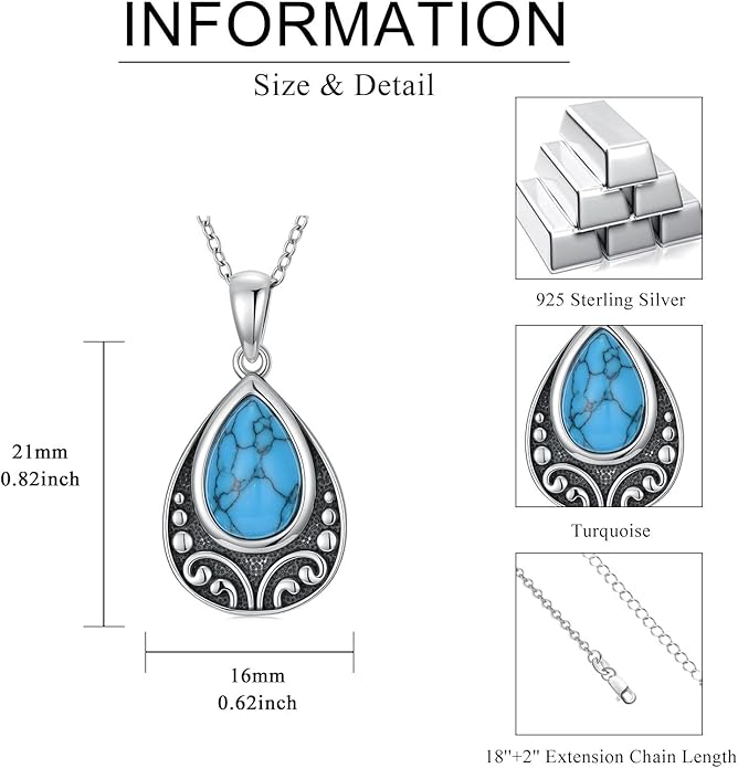 Natural Turquoise Necklace, 925 Sterling Silver Teardrop Pendant, Dainty Blue Gemstone Boho Jewelry Gift for Women