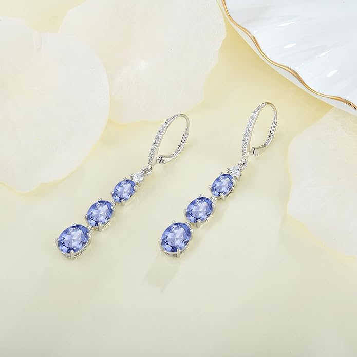 Women 925 Sterling Silver Birthstone 3-stone Leverback Drop Dangle Earrings 5A Cubic Zirconia Jewelry for Her
