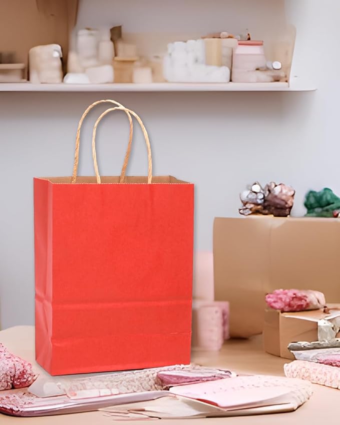 qiqee Large Kraft Paper Bags with Handles 13"x10"x5" 32 pcs Gift Paper Bag Red Solid Color Bags（Large Size）