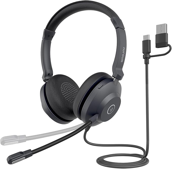 NUROUM HP21 USB Headset with Microphone for PC, AI Noise Cancelling Mic for Work, Wired Headset for Call Center/Office, Mute Button, USB-A/Type-C for Computer/Laptop/Desktop, Compatible w/Zoom/Teams
