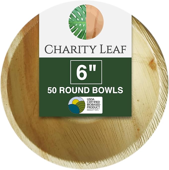 Charity Leaf Disposable Palm Leaf 6" Round Bowl (50 pcs) Dipping Bowls | Bamboo Like| All Natural and Biodegradable | Charcuterie Boards, BBQs, and Parties