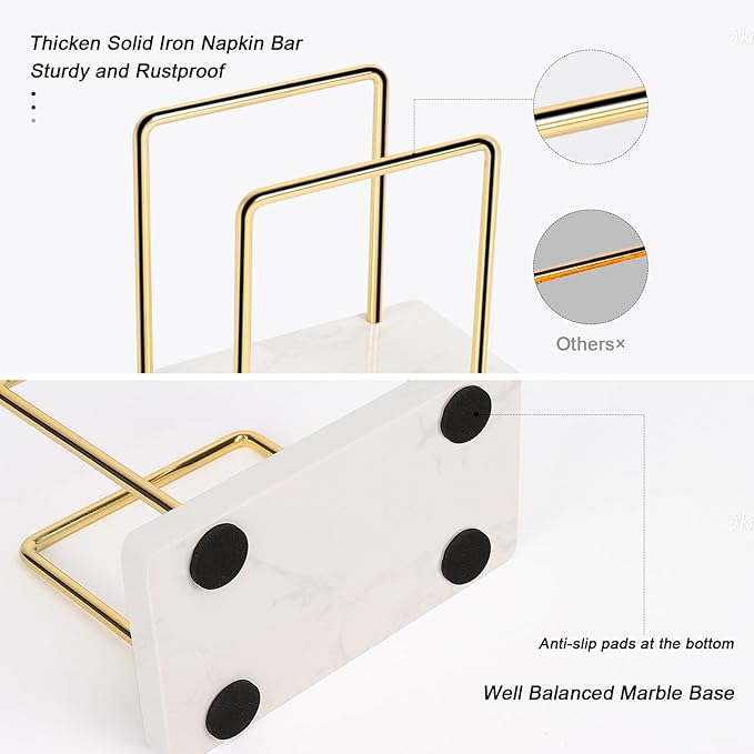 Livabber Napkin Holder, Metal Napkin Storage Modern Freestanding Tissue Paper Dispenser for Table Kitchen Countertop (Marble Base, Gold)