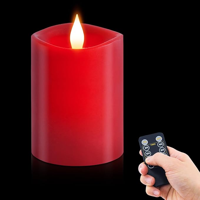 3x4 Flickering Flameless Candles,Real Wax Pillar led Candles Flickering,with Timer,4 inch Flameless Candles with Remote,for Party Wedding Holiday Home Decor,Red