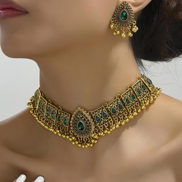 Indian Wedding Bridal Traditional Bohemian Jewellery Set for Women Girls Antique Oxidized Ethnic Party Prom Wear Statement Necklace Earring Tassel Bollywood Choker Punk Crystal Fashion Gift for Bride