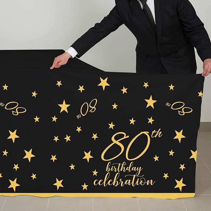 Gatherfun 80th Birthday Disposable Tablecloth 4 Pack Gold and Black Waterproof Plastic Table Cover for Men Woman 80 Birthday Party Decorations