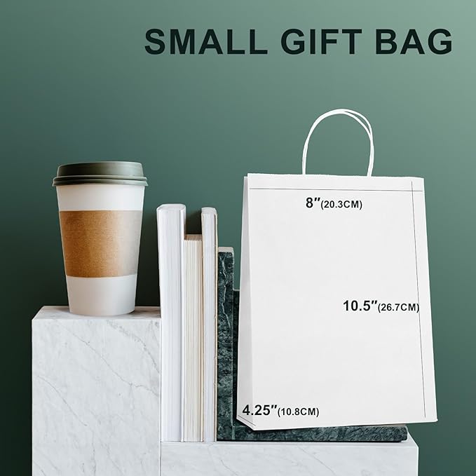 METRONIC 100 Pcs 8x4.25x10.5 Inch Paper Gift Bags White, Gift Wrap Bags with Handles, Kraft Paper Bag for Small Business, Heavy Duty Bulk Bag for Birthday Party Favors, Shopping, Retail