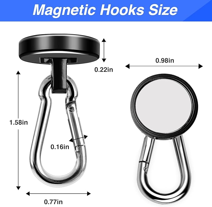 LOVIMAG Strong Magnetic Hooks, 70LBS Magnetic Hooks Heavy Duty Strong Neodymium Magnets with Carabiner Hook, Magnet Hooks with Swivel for Kitchen, Hanging, Cruise, Grill, Refrigerator - 12 Pack Black