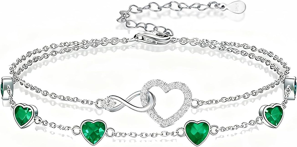 Prismata Infinity Birthstone Charm Link Bracelet 925 Sterling Silver Adjustable 12 Months Birthstone Infinity Bracelet Birthday Jewelry Gifts for Women Mom Her,with 7"+2" chain