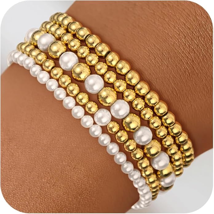 Gold Bead Bracelets for Women Girls - 14K Gold Plated Dainty Round Bead Ball Pearl Cross Bracelet Stack for Women Teenage Girls Stackable Jewelry Christmas Gifts