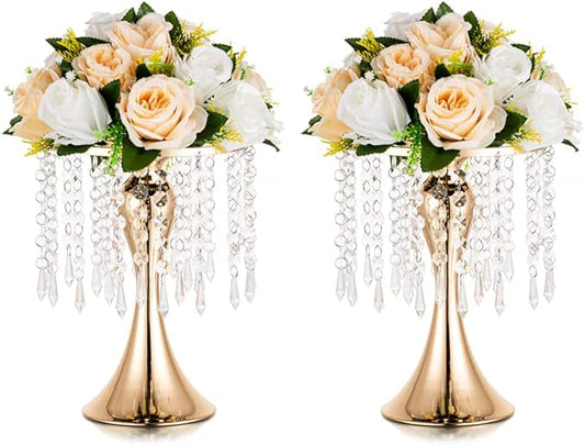 Gold Vases for Centerpieces, 10.2in Crystal Flower Arrangement Stand, Wedding Centerpieces for Tables, Tall Metal Flower Vase Holders for Wedding, Event, Reception, Birthday, Home Decor, 2 Pcs