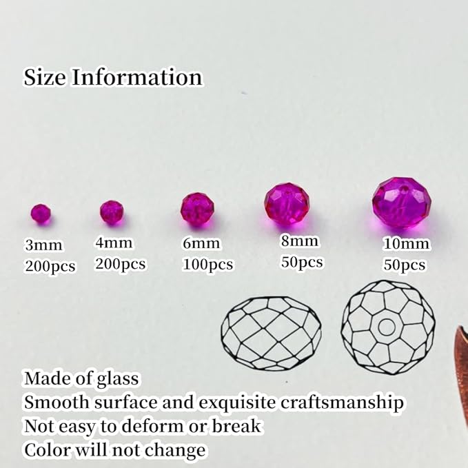 600pcs Crystal Glass Beads 3mm 4mm 6mm 8mm 10mm Rondelle Faceted Crystal Beads Spacer Beads for Necklace Bracelet Earrings DIY Jewelry Crafts Making Supplies(Rose Red)