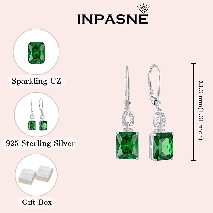 Emerald Cut Earrings 925 Sterling Silver Baguette Birthstone Dangle Drop Leverback Earrings Jewelry Gifts for Women