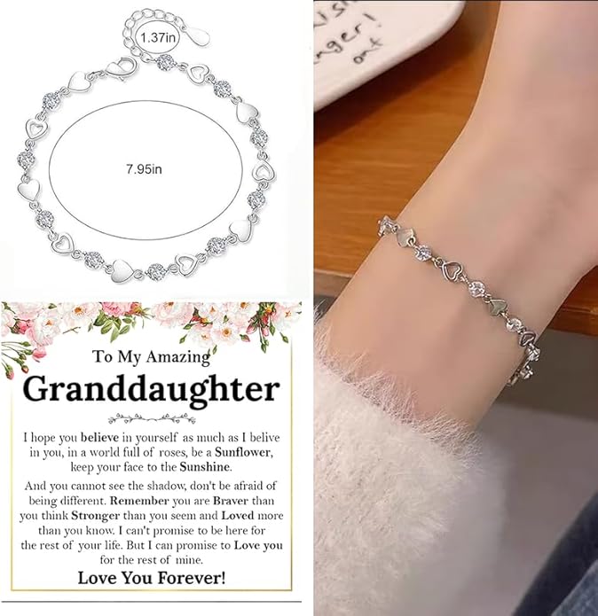 To My Granddaughter Bracelet from Grandma and Grandpa, Heart Chain Bracelet with Shiny Stones, Perfect Birthday or Graduation Christmas Gift for Granddaughter with Message Card and Gift Box