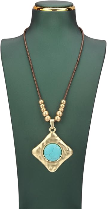 Boho Leather Necklace Women Bohemian Brown Circle Pendant Necklace Choker Long Necklaces for Women Boho Ring Large Pendant
