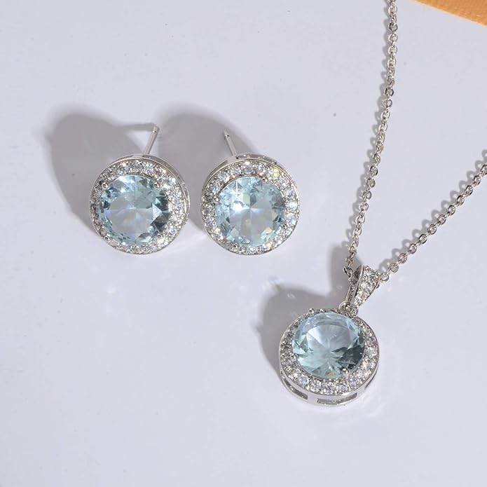 Bridal Crystal Jewelry Set - Sterling Silver Round Cubic Zirconia CZ Rhinestone Halo Birthstone Pendant Necklace Stud Earrings Set for Wedding Bride Bridesmaids Birthday Gift