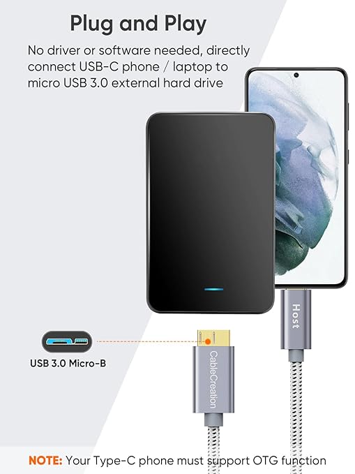 CableCreation 1FT USB C to Micro B Cable,10Gbps Speed External Hard Drive Braided,USB 3.1 Type C to Micro B Work for iPhone 15 Series,Seagate WD Westgate My Passport,MacBook Pro/Air, iPad/Tablet,Grey