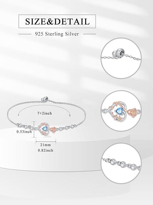 Birthstone Charm Link Bracelet 925 Sterling Silver Rose/Heart/Mom Bracelet with 12 Months Birthstone Mother's Day Gift Jewelry Gifts for Women,Chain Length 7"+2" Extend