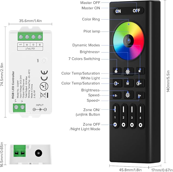 BTF-LIGHTING 5050SMD FCOB COB RGB RF Remote RC03RFB &4PCS C03RF LED Tuya LED Controller Kit 4 Zones RF 2.4GHz Wireless Remote Group Control PWM RGB (+ R G B) 4pin LED Strip DC5V DC12V DC24V