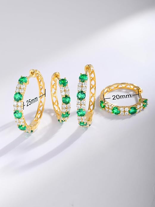 Women's Huggie Hoops with Birthstone 925 Sterling Silver Huggie Stud Hypoallergenic 14K Gold Plated Moissanite Earrings -Emerald Sapphire Ruby Hoop Earrings, Size 20 25mm