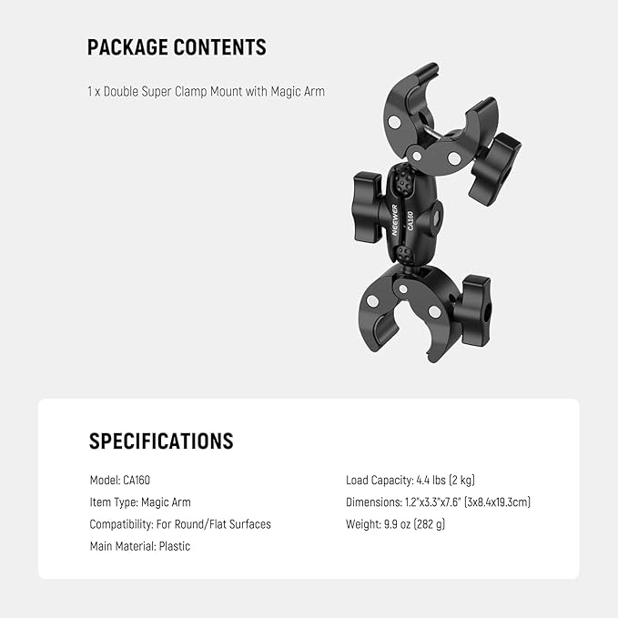 NEEWER Double Super Clamp Mount with Magic Arm, 360° Umbrella Flag Pole Clamp Holder for Desk Photo Studio Light Stand Photography Reflector Scrim Cross Bar Motorcycle Handlebar Stroller Chair, CA160