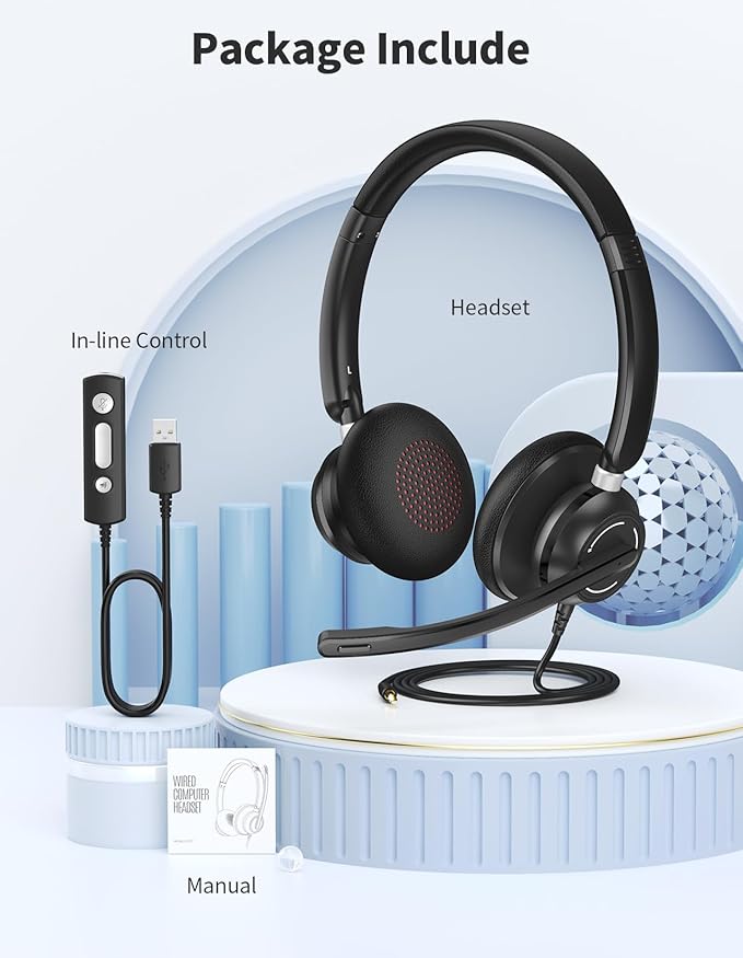 USB Headset with Microphone for PC, Wired Headphones with Noise Cancelling Mic, Computer Headset with in-line Controls, 3.5mm & USB Plug for Zoom, Skype, Call Center, Office Use, Black