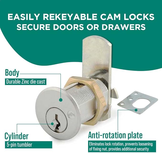 Olympus Lock DCN1 Rekeyable Cam Lock | 1" Cylinder KD Keyed Different | US26D Chrome Cabinet Lock | Grade 1 Reversible for Doors & Drawers