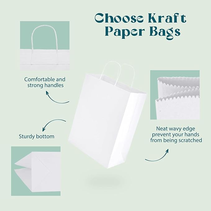 MESHA Gift Paper Bags 500 PACK 10X5X13 White Large Shopping Kraft Bags Bulk with Handles Reusable for Business,Grocery,Birthday,Wedding,Kids Party,Favors