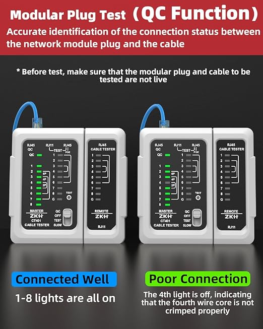 ZKH RJ45 Network Cable Tester, LAN & TEL Continuity Tester, Ethernet Cable Tester for RJ45, RJ11, RJ12, CAT5, CAT6, POE Test UTP/STP Shielded Ethernet Wires Test Tool
