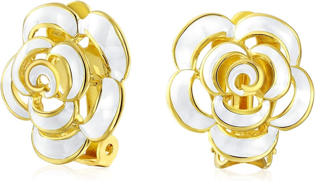 Pink Red Enamel Flower Crystal Edge Spring Retro Floral Rose Clip On Earrings For Women Non Pierced Ears 14K Gold Plated