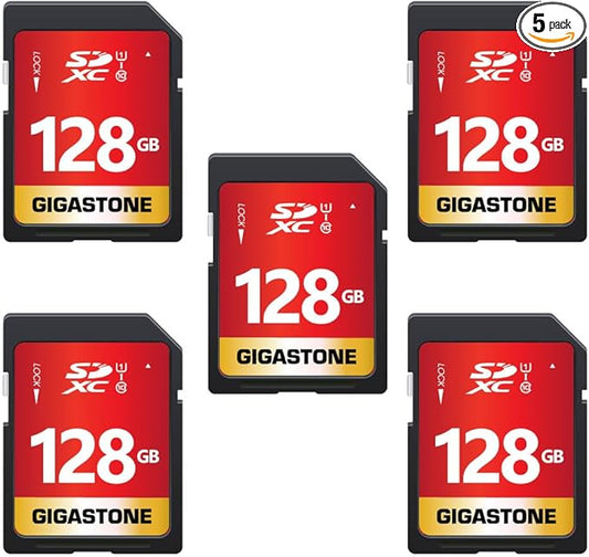GIGASTONE 128GB SD Card 5-Pack UHS-I U1 Class 10 SDXC Memory Card Full HD Video for Canon Digital Camera, Full-Sized SD Card, with 5 mini case