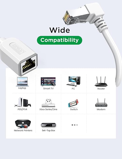 Right Angle Ethernet Extension Cable Down Angle1.5ft-White, 90 Degree CAT6 Ethernet Patch Cable RJ45 LAN Cable Extender Male to Female Connector for Router Modem Smart TV PC Computer Laptop
