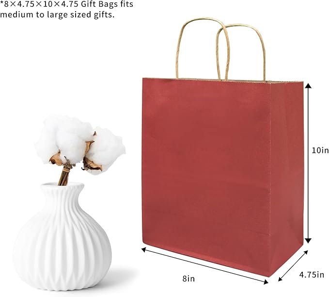 FACEBAG 50-Pack Red Paper Bags with Handles Bulk,8x4.25x10.5 Inch Gift Bags, Red Kraft Paper Bags, Applicable to Retail, Party, Shopping, Festival，Commercial and Wedding Events，Reusable & Durable