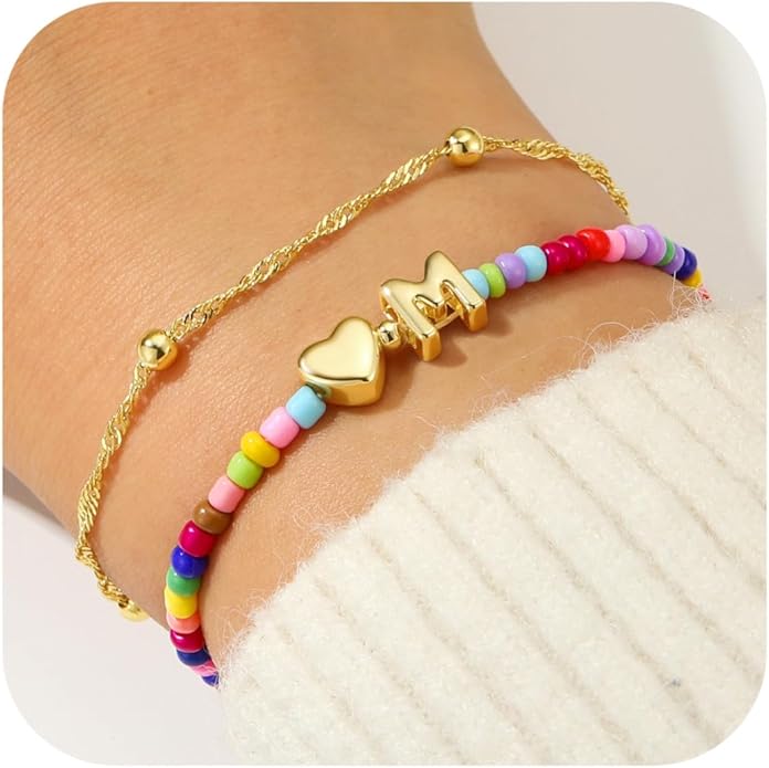 Ursteel Valentines Day Gifts for Kids Teen Girls - 14K Gold Plated Beaded Letter A-Z Bracelet, Layered Stretch Initial Bracelets, Women Trendy Bohemian Jewelry Birthday Gifts