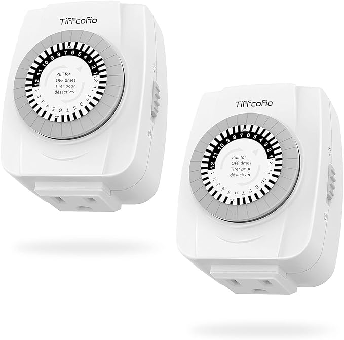 TiFFCOFiO Indoor Mechanical Outlet Timer, 3 Prong Timers for Electrical Outlets, 24-Hour Programmable Plug in Christmas Light Timer, ETL Listed (2 Pack)