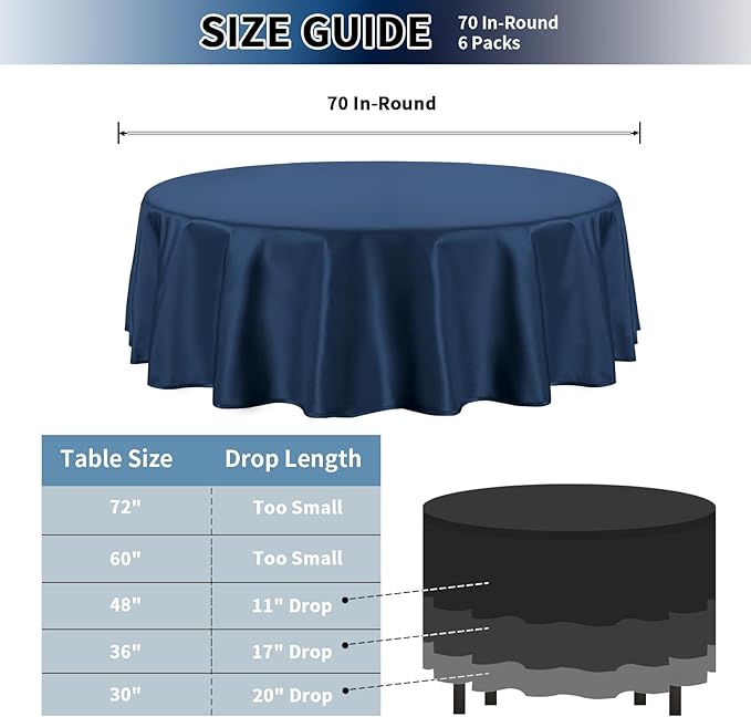 PureFit 6 Pack Round Navy Blue Table Cloths 70 Inch for Round Tables, Stain and Wrinkle Resistant Table Linens for Home Use, Wedding, Party, Banquet and Camping
