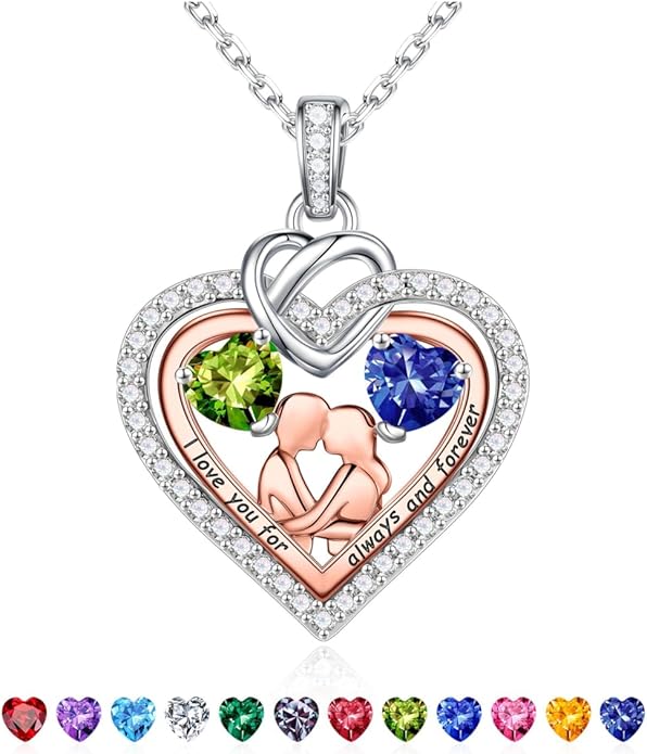 Iefil Valentines Day Gifts for Her - 925 Sterling Silver Double Heart Birthstone Necklace for Women, Anniversary Birthday Gifts for Wife I Love You Gift Couple Sitting Hugging Each Other Jewelry Gift