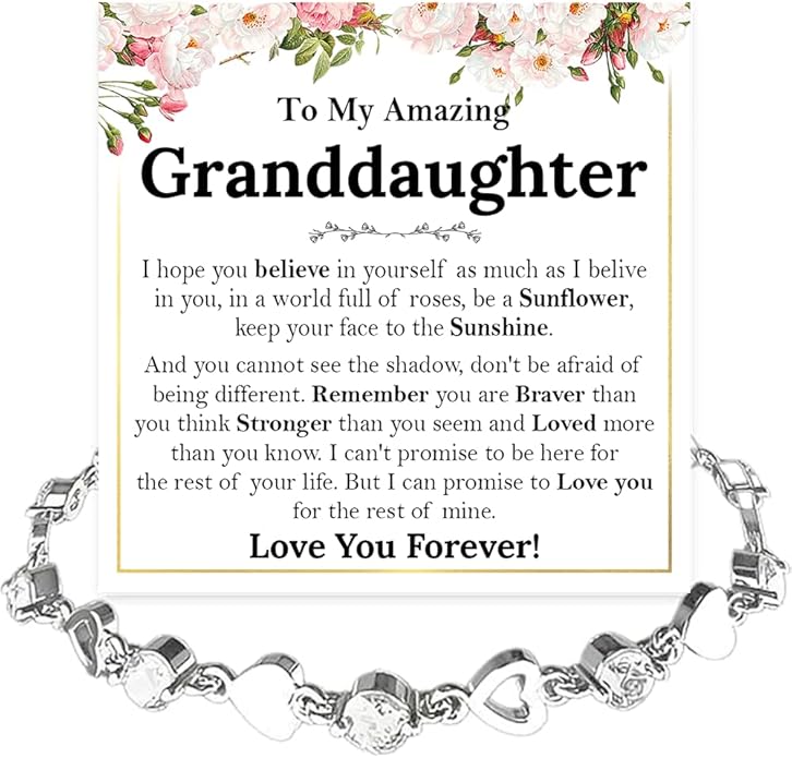 To My Granddaughter Bracelet from Grandma and Grandpa, Heart Chain Bracelet with Shiny Stones, Perfect Birthday or Graduation Christmas Gift for Granddaughter with Message Card and Gift Box