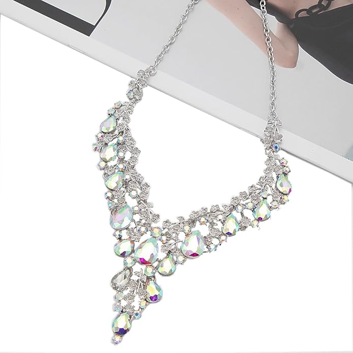 Bridal Bridesmaid Austrian Crystal Jewelry Set, Floarl rhinestone Statement Neckace Teardrop Necklace Drop Dangle Earrings Set