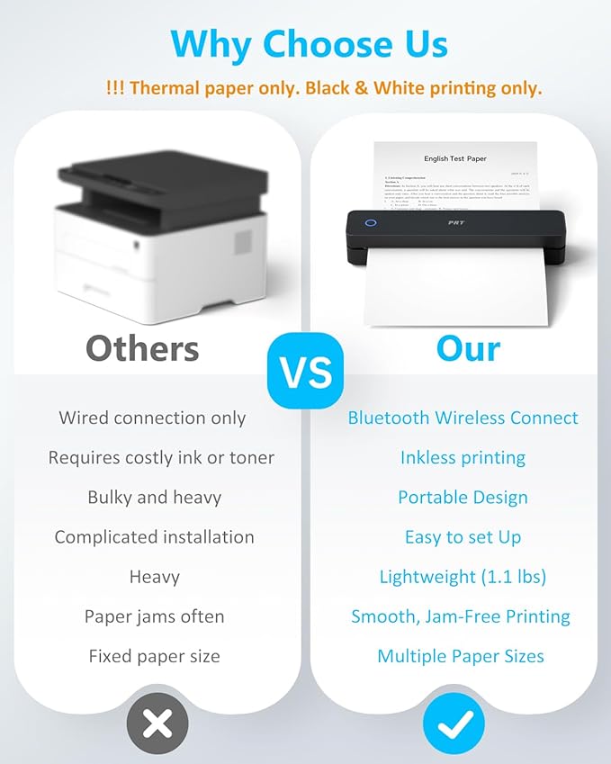Inkless Portable Printer for Travel, Wireless Thermal Printer Support 8.5 x 11 Inch US Letter A4 B5, Bluetooth Mobile Printers with iOS, Android, Laptop for Home Use, Car, Office, School, Black