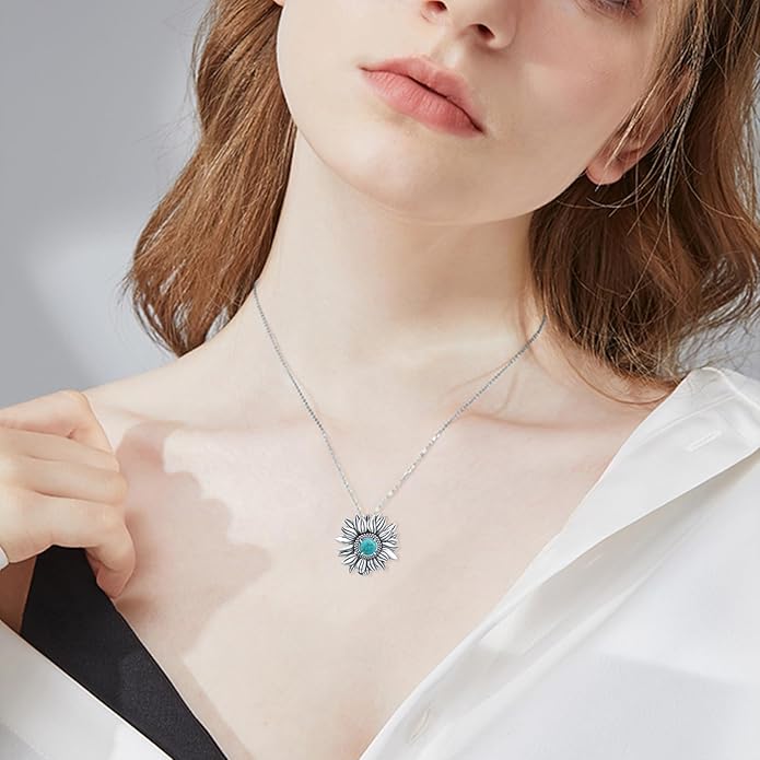 Sunflower Turquoise Necklace 925 Sterling Silver Genuine Turquoises Sunflower Necklace Western Nature Gemstone Turquoise Jewelry Gifts for Women