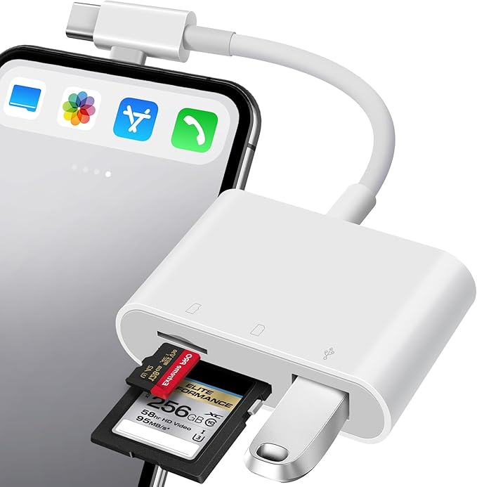 SD Card Reader for iPhone, SD Card Adapter with Lightening & USB C Dual Connectors Plug&Play Supports microSD, SD and USB-A OTG, Portable Trail Camera Memory Reader for iPhone Mac MacBook iPad