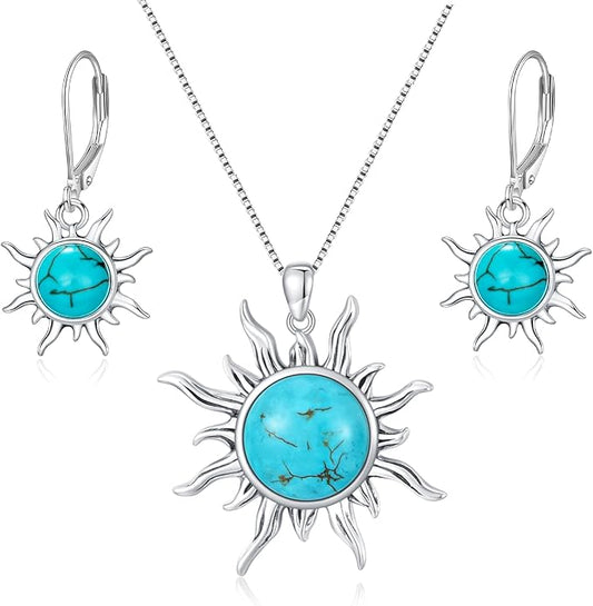 Genuine Sun Turquoise Jewelry Set for Women, Sterling Silver Native American Neckace and Dangle Earings Western Jewelry Birthdays Gift